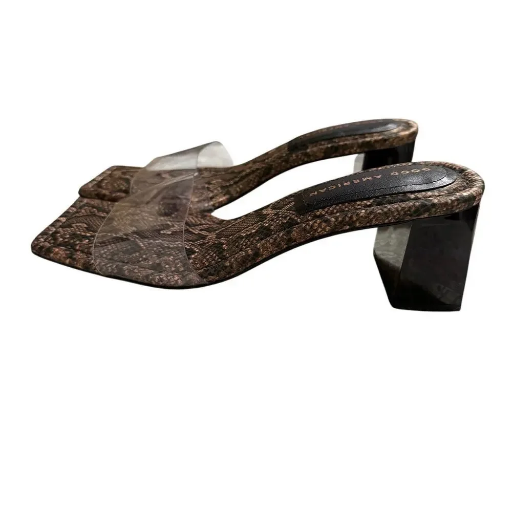 Good American Snake Print Clear Strap Block Heel Sandals Brown Size 6 Womens